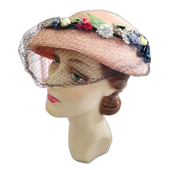 1950s Vintage Beigish Pink Straw Hat With Flowers & Veil - Picture 1 of 5